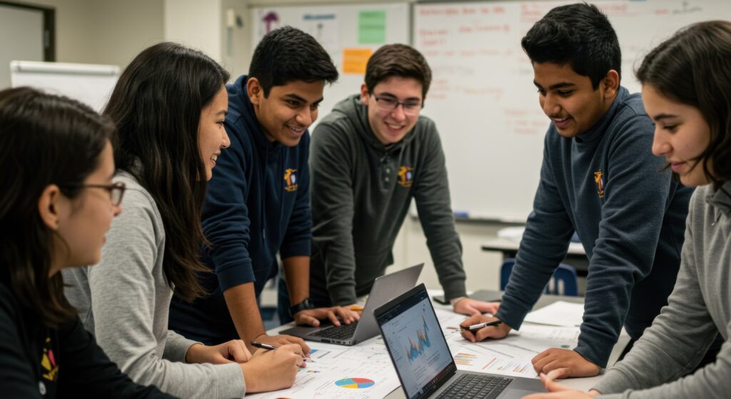 Students collaborate around a table with laptops and charts