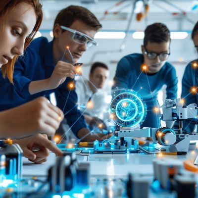 Three focused teenagers working together on a robotics project in a lab, highlighting teamwork, innovation, and STEM education